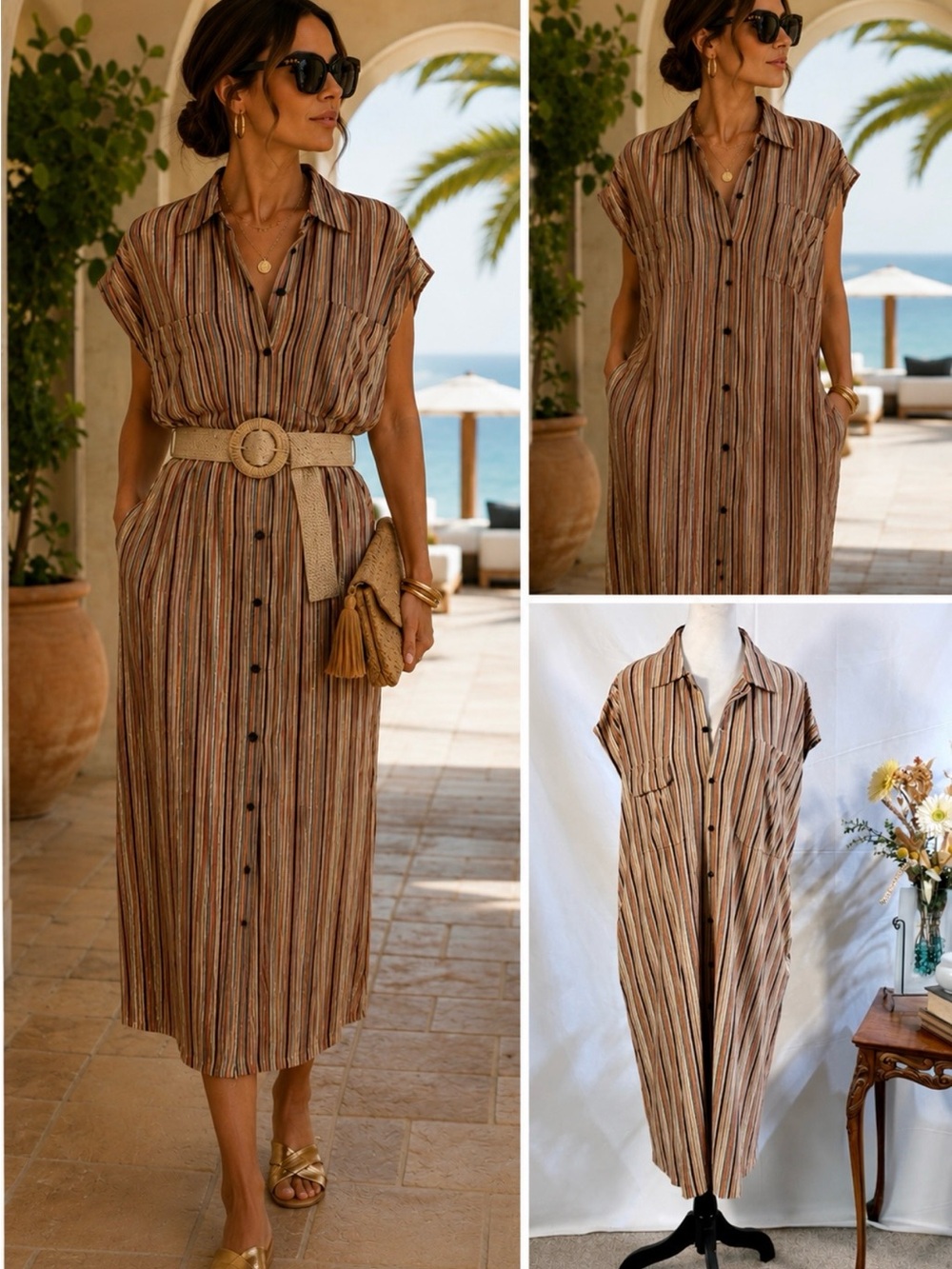 Momonì Colorado Shimmer Stripe Lurex Stretch Button Front Shirt Dress Sz 40/8🧡